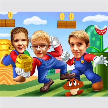 Custom Caricature for Three Children in Mario Power Up Game,by myDaVinci - myDaVinci